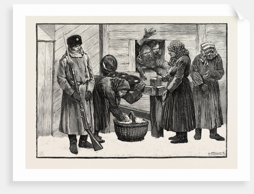 Sketches in Siberia Courtyard of the Prison for Criminals at Krasnoiarsk: Peasant Women Selling Bread Tea and Sugar to Prisoners. by Anonymous