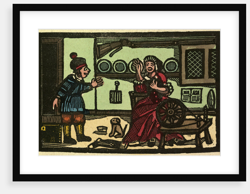 Illustration of English Tales Folk Tales and Ballads. Old English Interior. Woman with Spinning Wheel. Man and Dog by Anonymous