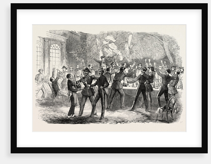Fraternization of the British Horse Guards and the French Cent Gardes at Boulogne Drinking Her Majesty's Health. 1854 by Anonymous