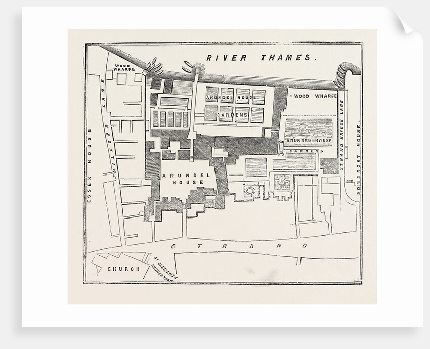 Fire in the Strand Site of Arundel House: Ground-Plot of Arundel Rouse and Gardens. (the Dark Line Encloses the Premises.) London UK 1854 by Anonymous