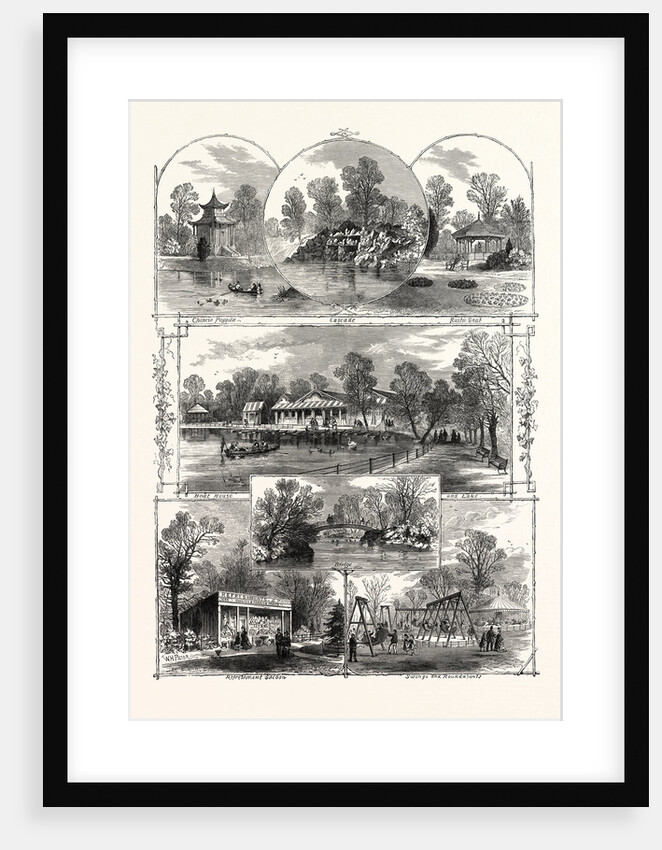 The Queen's Visit to Victoria Park: Views in the Park, London, 1873. Chinese Pagoda, Cascade, Rustic Seat, Boat House and Lake, Refreshment Saloon, Swings and Roundabouts by Anonymous