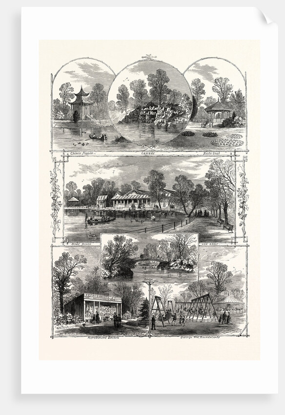 The Queen's Visit to Victoria Park: Views in the Park, London, 1873. Chinese Pagoda, Cascade, Rustic Seat, Boat House and Lake, Refreshment Saloon, Swings and Roundabouts by Anonymous