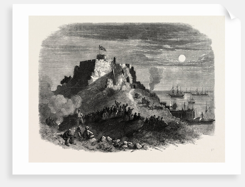 The Queen's Visit to Jersey. Moonlight View of Mont Orgeuil Castle, with the Royal Squadron Lying at Anchor, 1859 by Anonymous