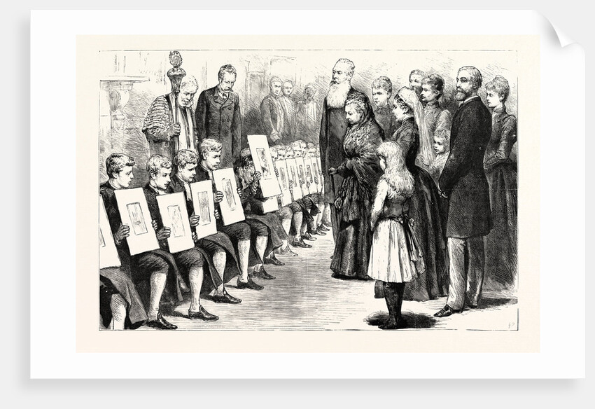 The Queen and the Bluecoat Boys: Her Majesty Inspecting the Christ's Hospital Boys' Drawings in the Picture Gallery Buckingham Palace London UK by Anonymous