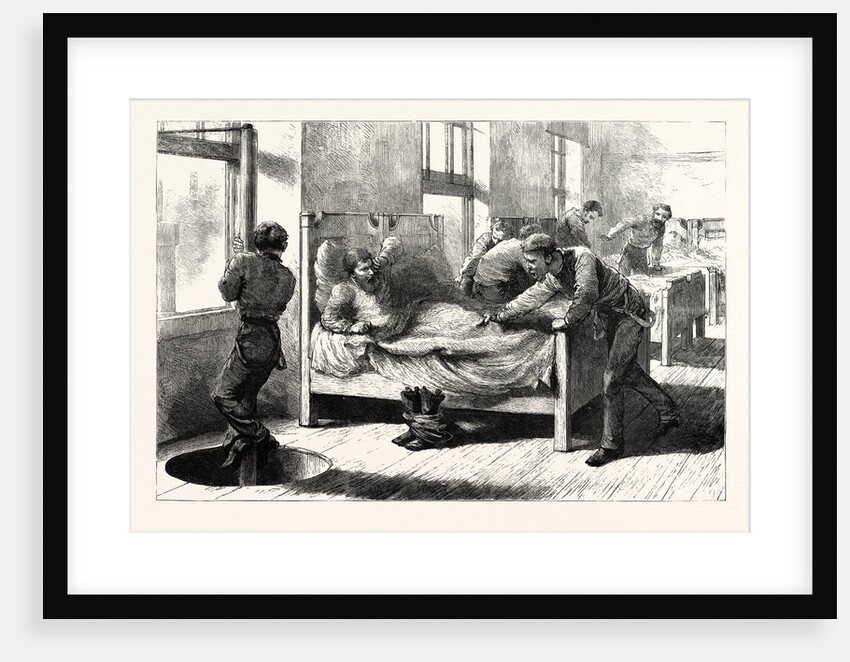 The Recent Fire in Chicago a Scene in the Firemen's Bedroom: The Firemen Sleep above the Engine Room and When a Call Comes Slide Down the Pole on to the Engine Beneath Without Losing a Moment by Anonymous