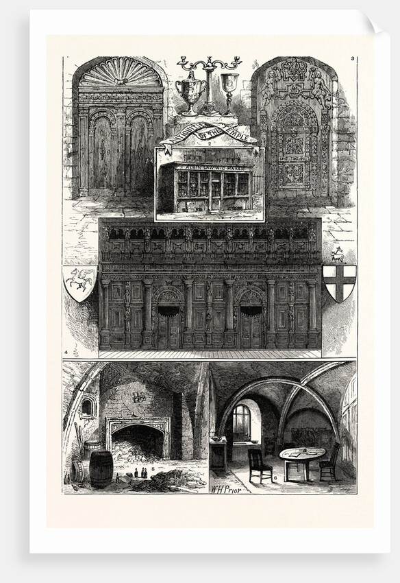 1. Door from the Middle Temple. 2. Wig-Shop in the Middle Temple. 3. Door from the Inner Temple. 4. Screen of the Middle Temple Hall 5. Fireplace in the Inner Temple. 6. Buttery of the Inner Temple. by Anonymous