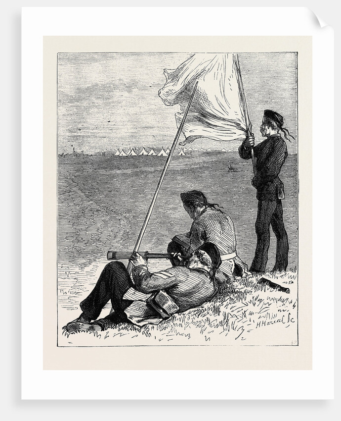 Sketches at the Autumn Manoeuvres: Party Practising for Signalling from Outpost to Field Telegraph by Anonymous