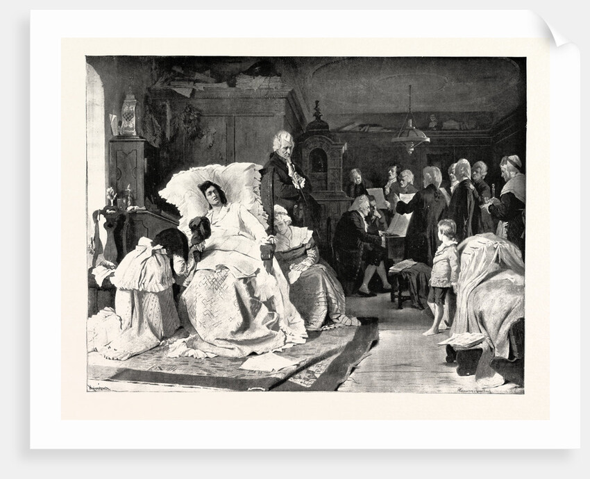 Mozart Listening to His Friends, Who, Summoned by His Wife, Are Singing the Beautiful Hymn the Requiem by Anonymous