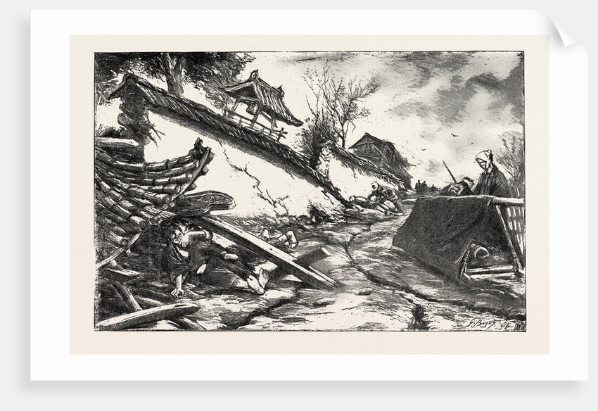 The Great Earthquake in Japan, Views at the Scenes of the Disaster: Mother and Child, Killed by the Fall of a Gateway of the Outside Wall of a Temple Near the Railway Station, Gifu by Anonymous