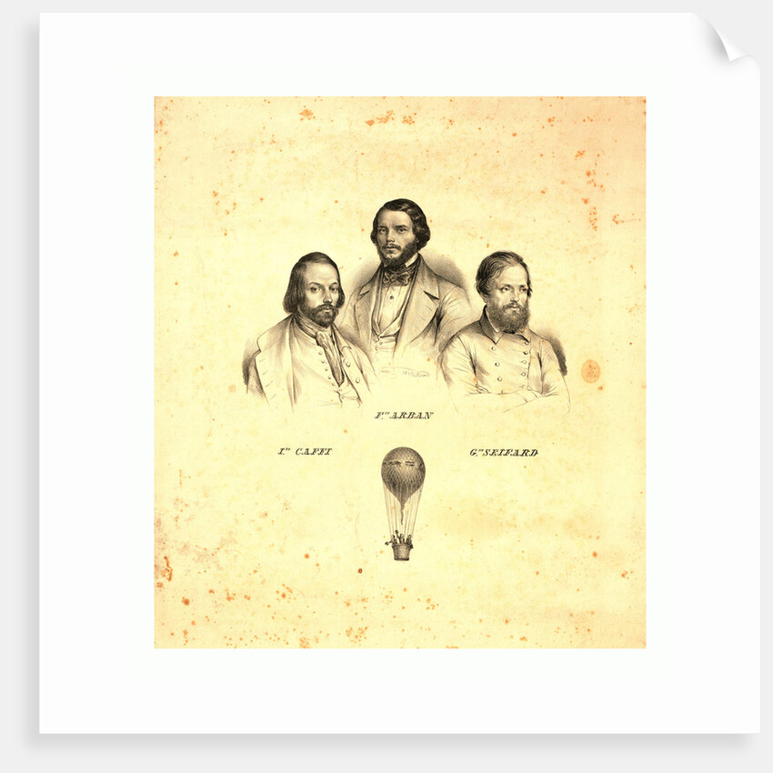 Portraits of Three Balloonists Ippolito Caffi, Francesco Arban, and G. Seiffard, with a Small View of Them in an Ascending Balloon, Rome, 1847, Italy by Anonymous