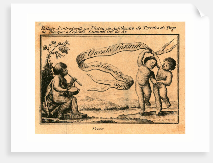 Print Shows Banner with Name of Italian Balloonist Vincent Lunardi; Includes Figure Playing a Drum and Two Others Dancing. by Anonymous