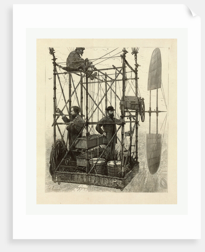 Albert Tissandier, Gaston Tissandier, and an Unidentified Man in the Basket of Their Airship Demonstrating an Electric Navigational System Featuring a Propeller by P. Ferat by Anonymous