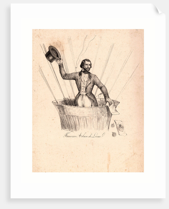 Half-Length Portrait of French Balloonist Francesco Arban Standing in the Basket of a Balloon, Waving His Hat by Anonymous