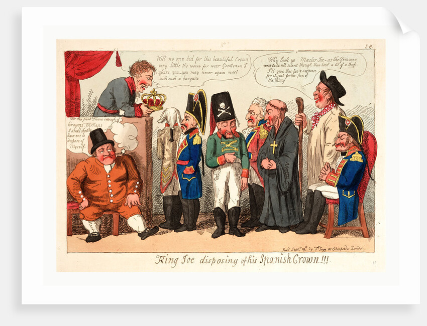 King Joe Disposing of His Spanish Crown, England, 1808, Shows King Joseph I Attempting to Auction Off His Crown. by Anonymous