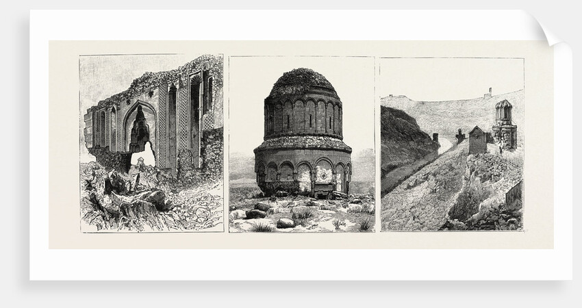Ruins at Ani, Armenia: The Great Gate of the Palace of the Bahlavouni Princes; St. Saviour's Church of Aboulgharib (Centre); Southern Side of the City on the Akhourian River by Anonymous