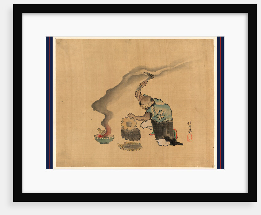 Man Engaged in Metalwork Appears to Be Melting Statues to Reuse the Metal with a Kitten Next to His Left Leg by Anonymous