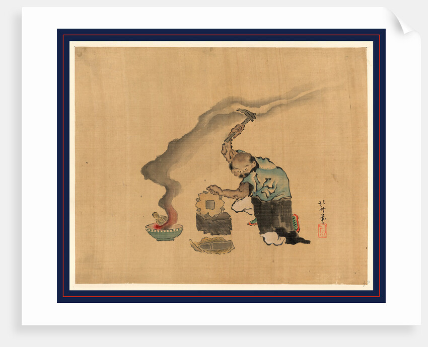 Man Engaged in Metalwork Appears to Be Melting Statues to Reuse the Metal with a Kitten Next to His Left Leg by Anonymous