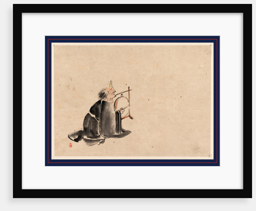 A Monk Wearing a Mask(?) with a Horn, Sitting on the Ground Beating a Drum (Tsuri-Daiko) by Anonymous