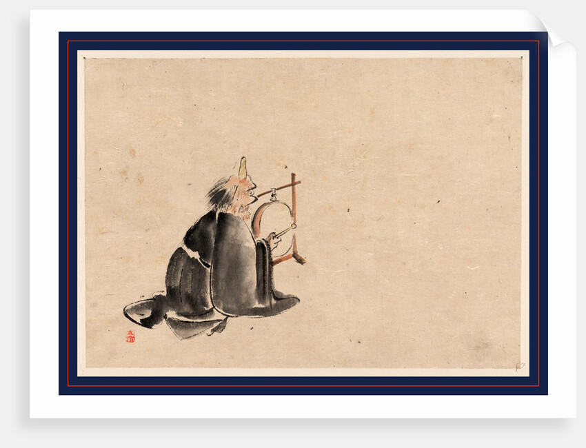 A Monk Wearing a Mask(?) with a Horn, Sitting on the Ground Beating a Drum (Tsuri-Daiko) by Anonymous