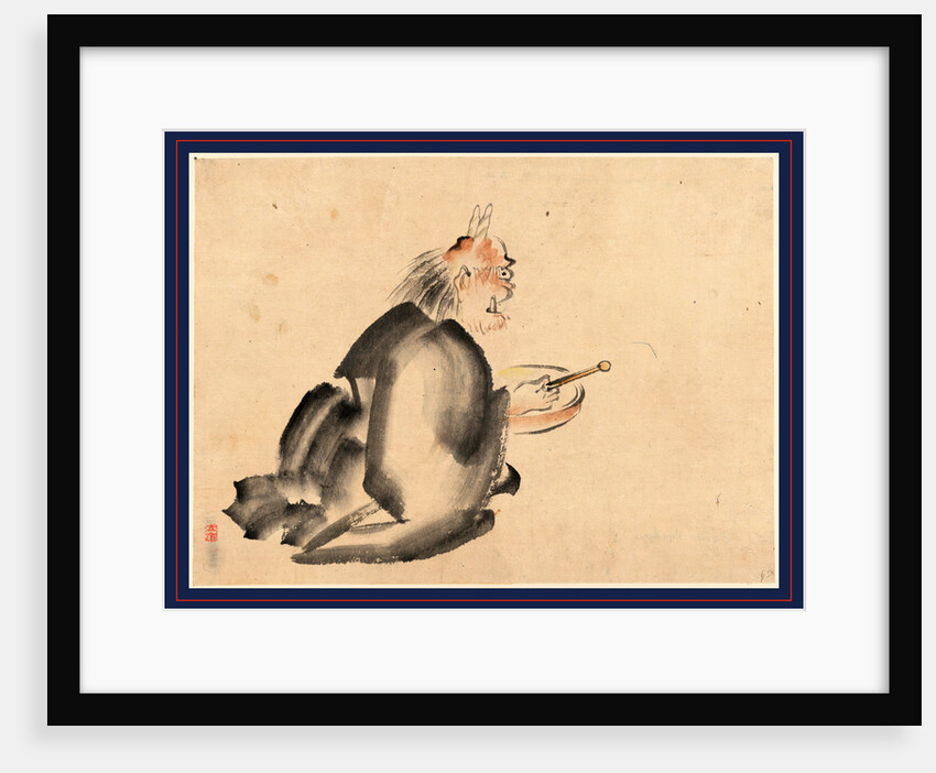 a Monk Wearing Mask(?) with Horns, Sitting on the Ground Beating a Drum by Anonymous