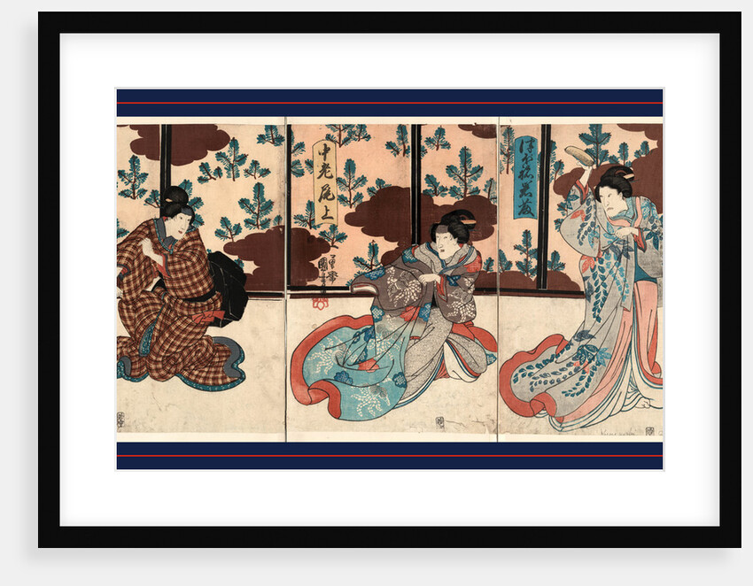 Tsubone iwafuji churo onoe meshitukai hatsu, Three actors in the roles of Tsubo no Iwafuji, Churo Onoe, and Meishitsukai Hatsu by Utagawa Kuniyoshi