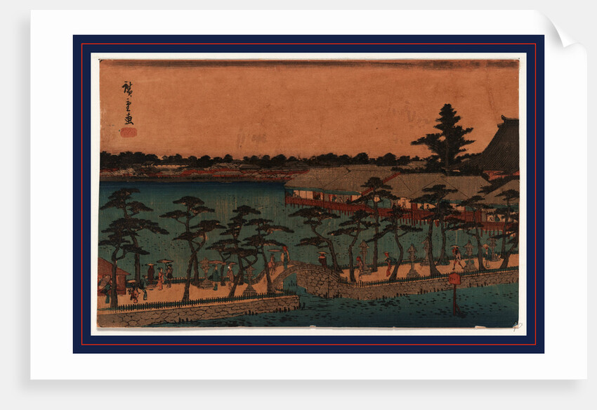 Pedestrians on a Tree-Lined Promenade that Bisects the Shinobazu Pond, with Buidings on Stilts Along the Shoreline by Anonymous