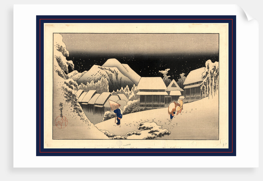 Travelers Walking in the Snow at Night at the Kanbara Station on the Tokaido Road by Anonymous