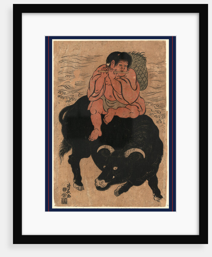 Kintaro, a Young Boy with Legendary Strength, Transformed As Sanro, Playing a Flute While Sitting on the Back of a Bull by Anonymous
