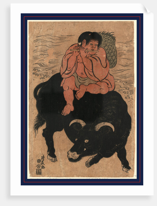 Kintaro, a Young Boy with Legendary Strength, Transformed As Sanro, Playing a Flute While Sitting on the Back of a Bull by Anonymous