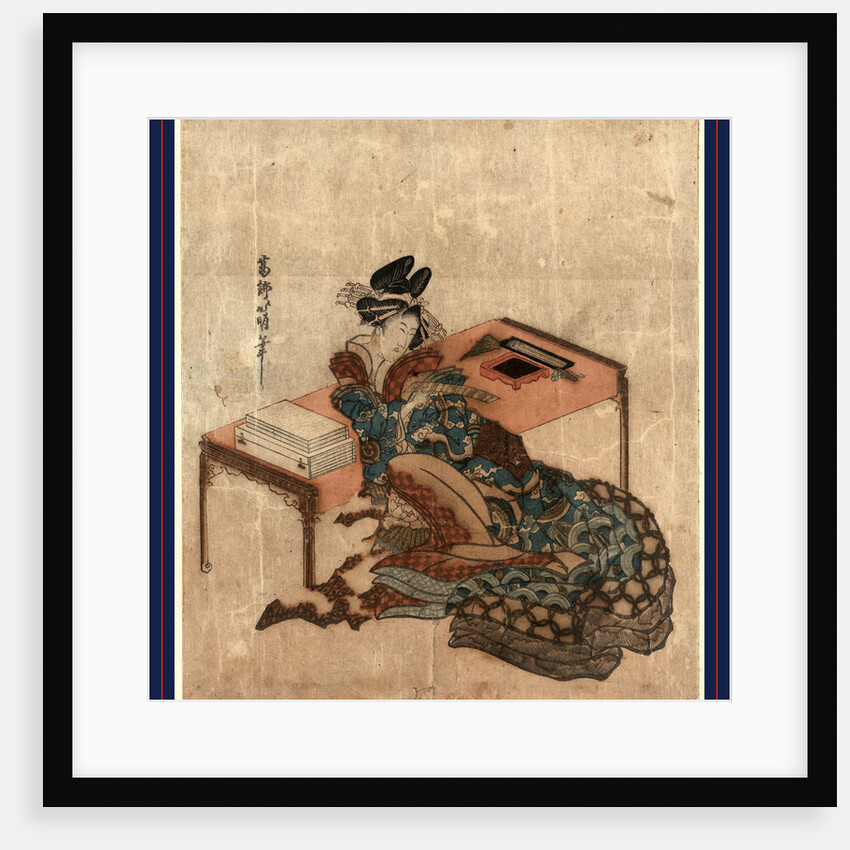 Courtesan Seated with Her Back against a Writing Desk, Holding a Slip of Paper (Tanzaku) with a Poem Written on It. by Anonymous