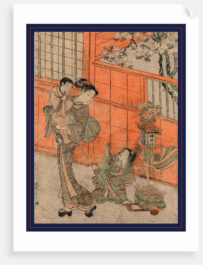 Kanda sairei no dashi no gangu o hiku haha to ko, Mother and children pulling a toy float of the Kanda parade by Kitao Shigemasa