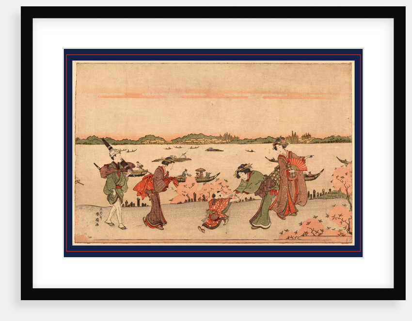 Three Women with a Male Attendant Carrying a Parasol, and a Child Walking Along Riverbank Among Cherry Trees by Anonymous
