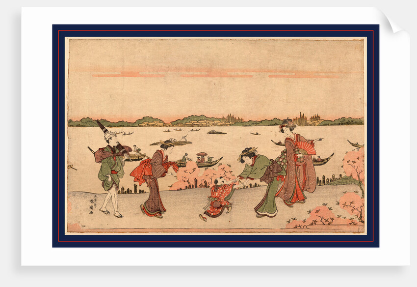 Three Women with a Male Attendant Carrying a Parasol, and a Child Walking Along Riverbank Among Cherry Trees by Anonymous