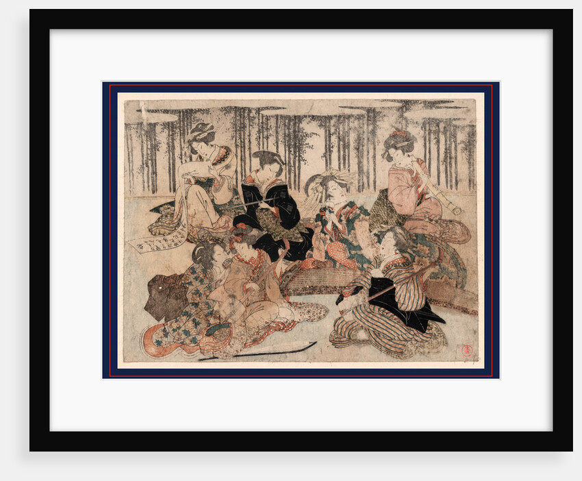 Seven Women Portraying the Seven Sages of the Bamboo Grove, Sitting Together with Musical Instruments (Shamisen, Koto, and Recorder), Tobacco Pipes, and a Scroll by Anonymous