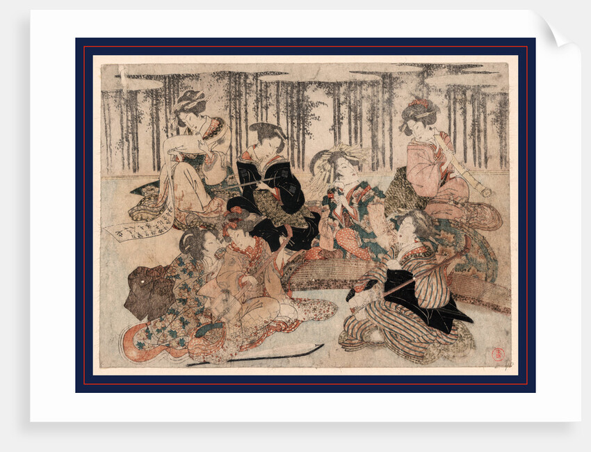 Seven Women Portraying the Seven Sages of the Bamboo Grove, Sitting Together with Musical Instruments (Shamisen, Koto, and Recorder), Tobacco Pipes, and a Scroll by Anonymous