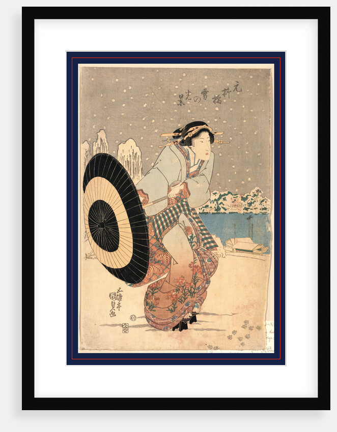 Woman Opening Up a Parasol While Walking in the Snow at Night Near the Motonoyanagi Bridge by Anonymous