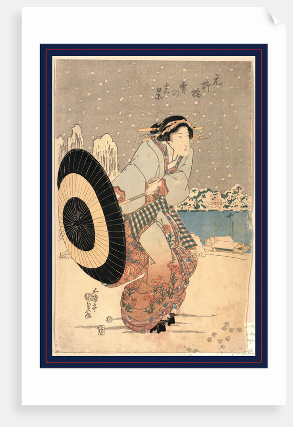 Woman Opening Up a Parasol While Walking in the Snow at Night Near the Motonoyanagi Bridge by Anonymous
