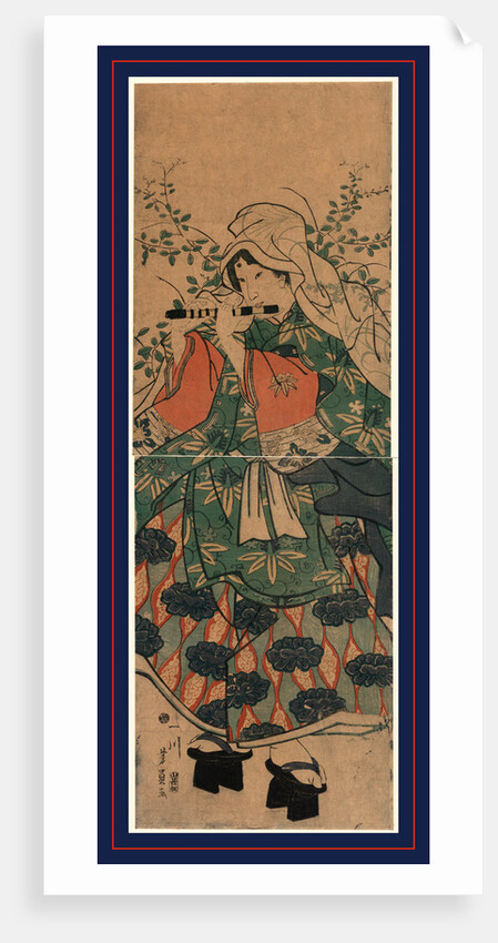 Woman with a Shawl Covering Her Head and Wearing Geta, Playing a Takebue or Shinobue Flute. by Anonymous