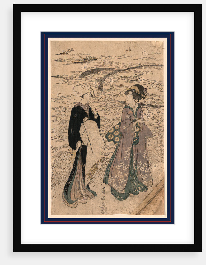Woman Holding a Pipe, Walking with a Female Attendant Along the Seashore by Anonymous