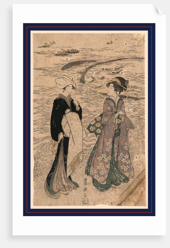 Woman Holding a Pipe, Walking with a Female Attendant Along the Seashore by Anonymous