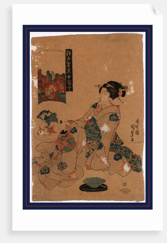Woman Sitting on the Floor Looking at a Wall Hanging of the Bridge at the Kameido Tenjin Shrine. by Anonymous