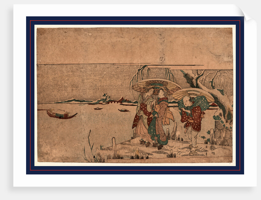 Two Women, Possibly Geisha, and a Male Porter Standing on a Wharf on the Edge of a River During a Snow Storm by Anonymous