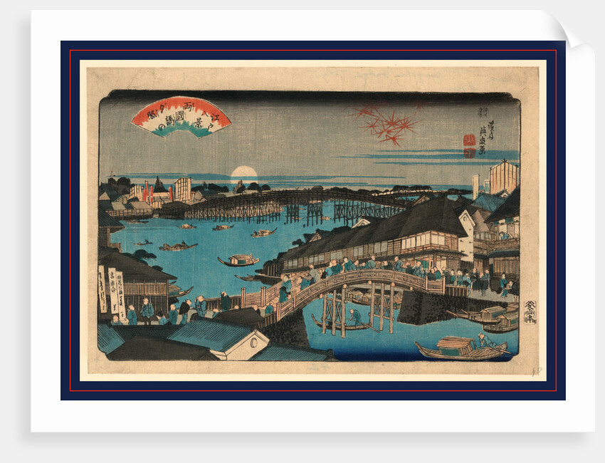 Many People on City Streets and Crossing Bridges Over Bodies of Water, with Boats, Wooden Buildings, and the Setting Sun or Full Moon in the Background by Anonymous