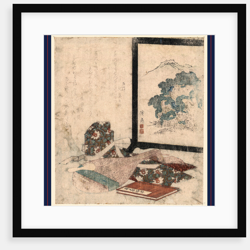 Lute, the Tale of Keike, an Article of Clothing, and a Painted Screen with Natural Scene of Bushes and Mountains. by Anonymous