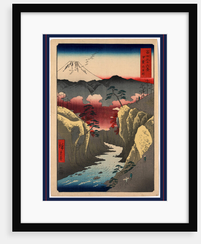 Travelers on a Mountain Pass Along a Steep Canyon and River, with Mountains and a View of Mount Fuji in the Background by Anonymous