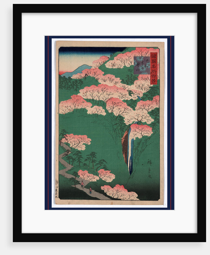 Bird's-Eye View of Blossoming Trees and a Waterfall Near a Pass on Yoshino Mountain in the Yamato Province. by Anonymous