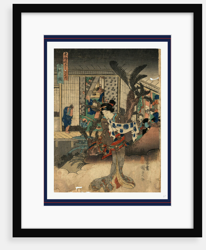 Woman Standing on a Cloud Outside an Inn Where Women Are Serving and Entertaining Men at the Akasaka Station on the Tokaido Road. by Anonymous