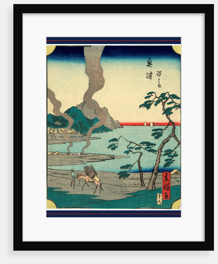 Man Leading a Horse Carrying Bundles of Reeds Along the Shore of a Bay at the Okitsu Station on the Tokaido Road with a Village in the Distance. by Anonymous