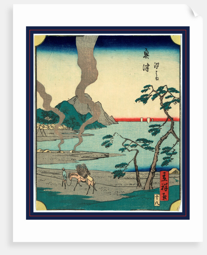 Man Leading a Horse Carrying Bundles of Reeds Along the Shore of a Bay at the Okitsu Station on the Tokaido Road with a Village in the Distance. by Anonymous