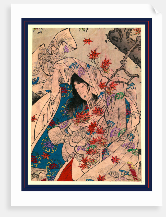 Person Wrapped in a Flowing Kimono Standing Beneath a Maple Tree at Sumiyoshi. by Anonymous